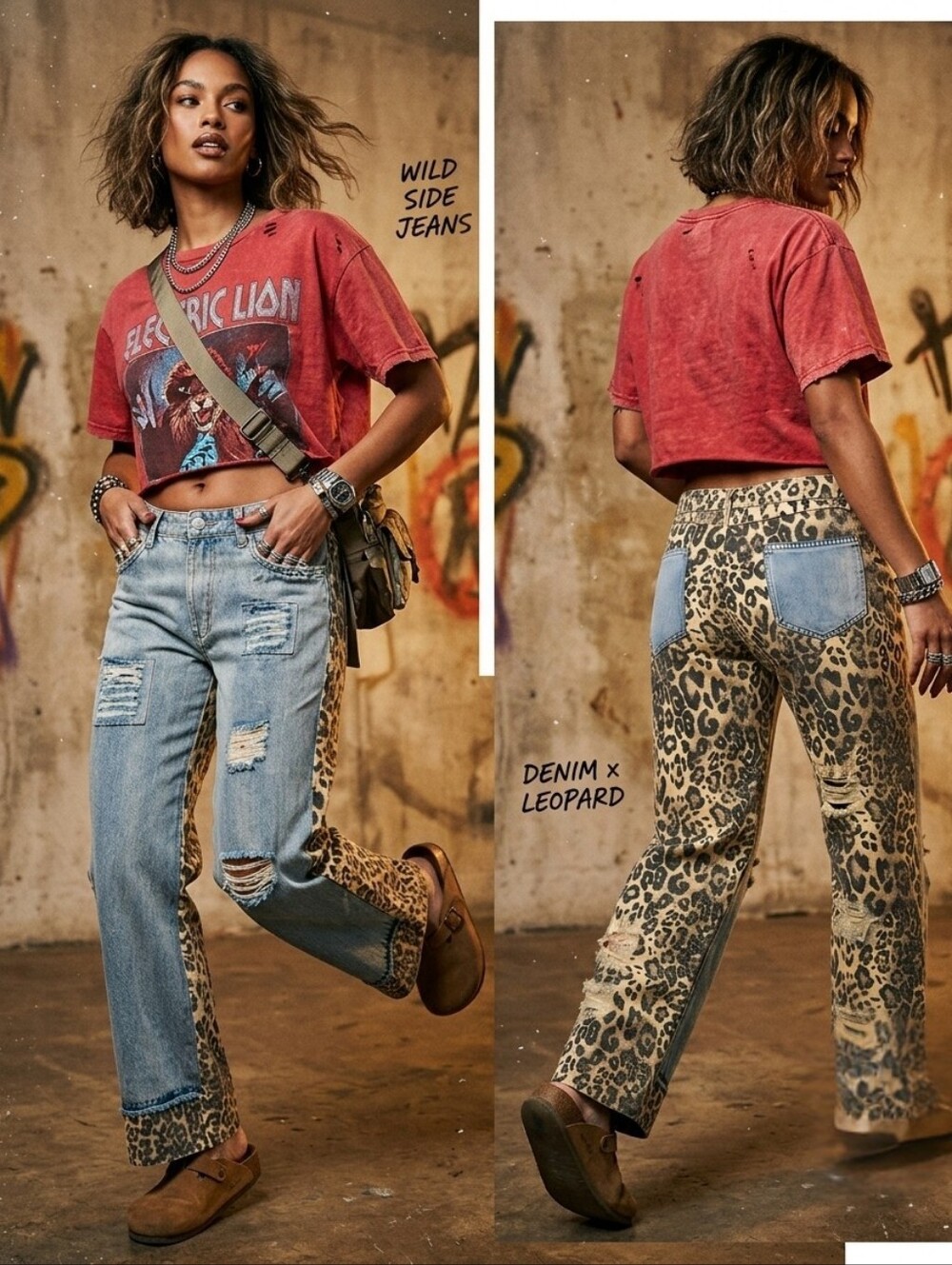 Safari Craze Distressed Wide-Leg Jeans with Leopard Side Panels Size (14-16)